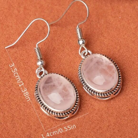Oval Pink Rose Quartz Stone Silver Dangle Drop Earrings Vintage Style Textured - Picture 3 of 6